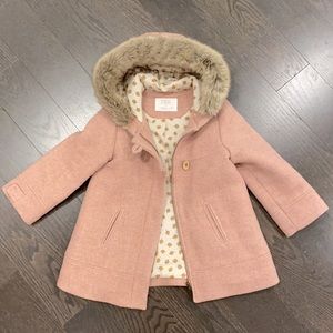 Zara Girls Pink Peacoat w Faux fur hood size 4-5